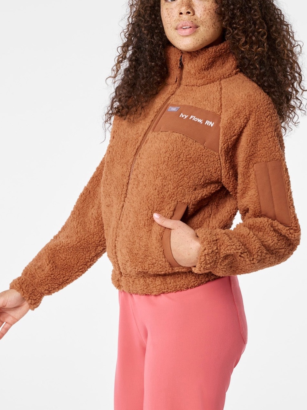 FIGS High Pile Sherpa Fleece Bomber Jacket Full Zip Mocha Brown Tan Medium - Picture 4 of 10